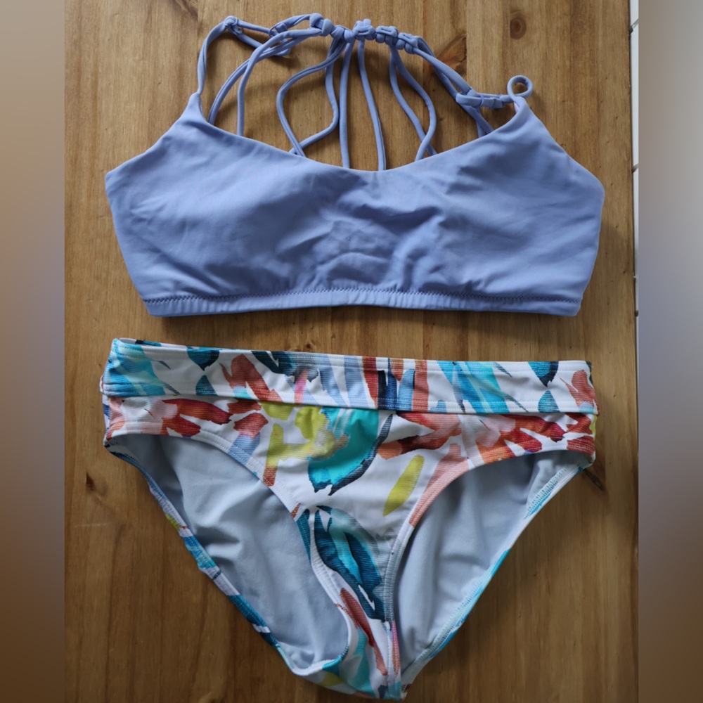Prana White Swim Bottoms with Teal Logo and Multicolor Waistband